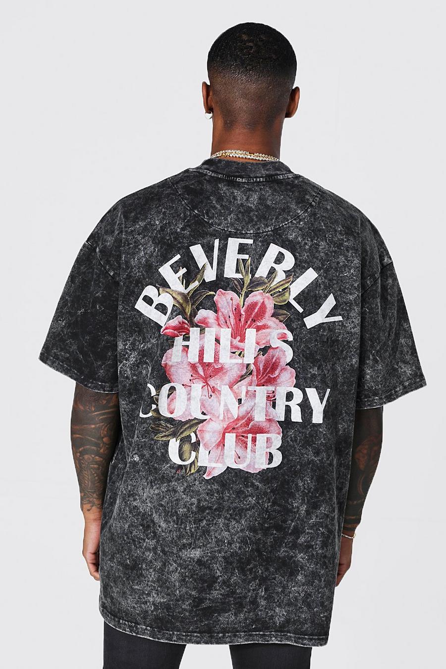 T-shirt oversize slavata a fiori con girocollo esteso, Charcoal grey image number 1