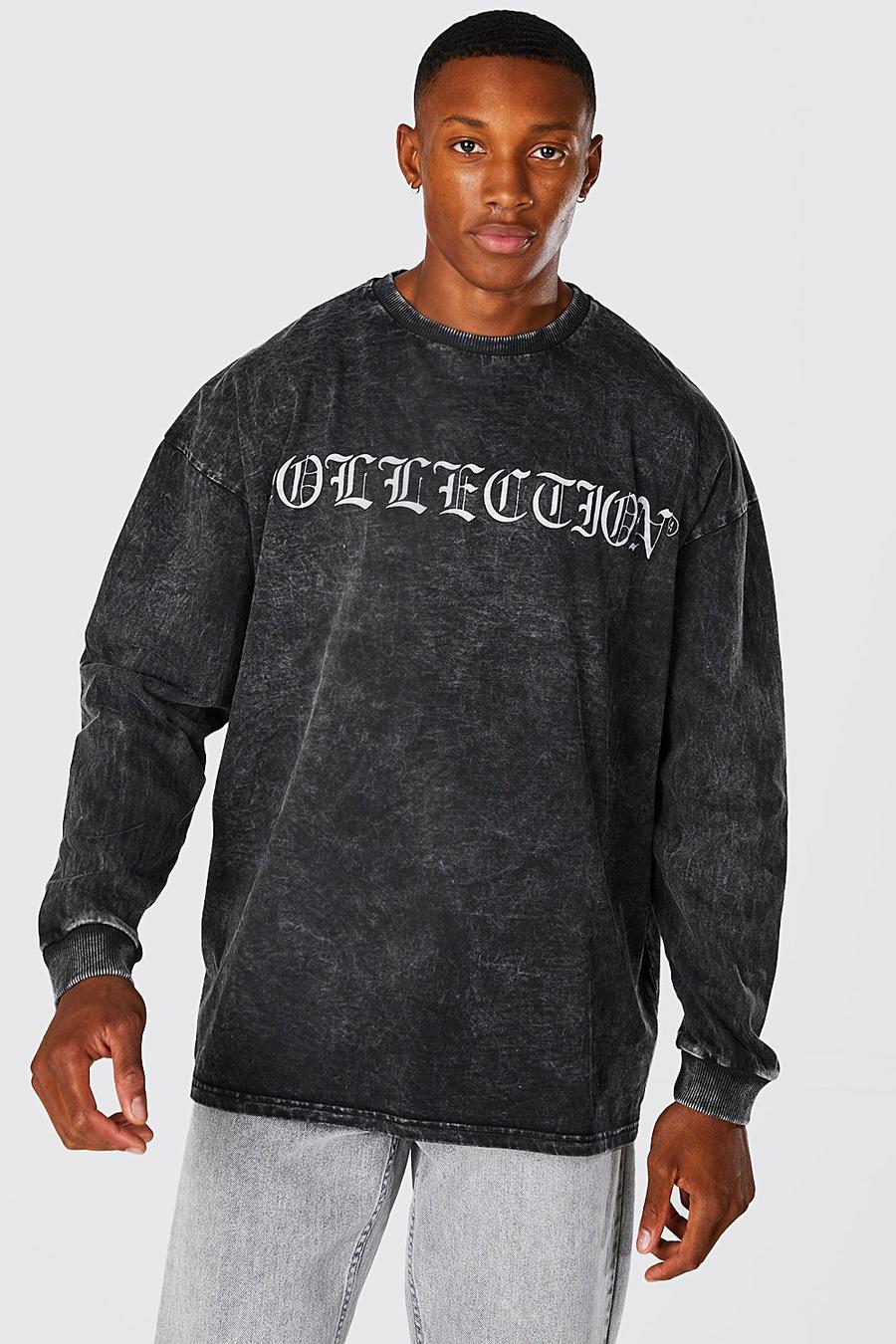Charcoal grå Oversized Acid Wash Long Sleeve T-shirt image number 1