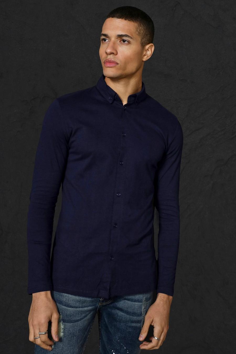 Camicia a maniche lunghe in jersey, Navy image number 1