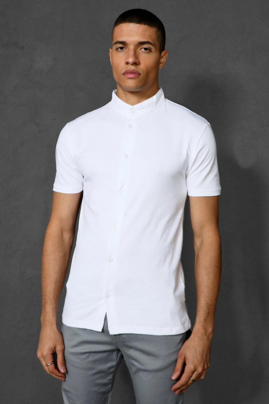 White Muscle Fit Short Sleeve Grandad Jersey Shirt