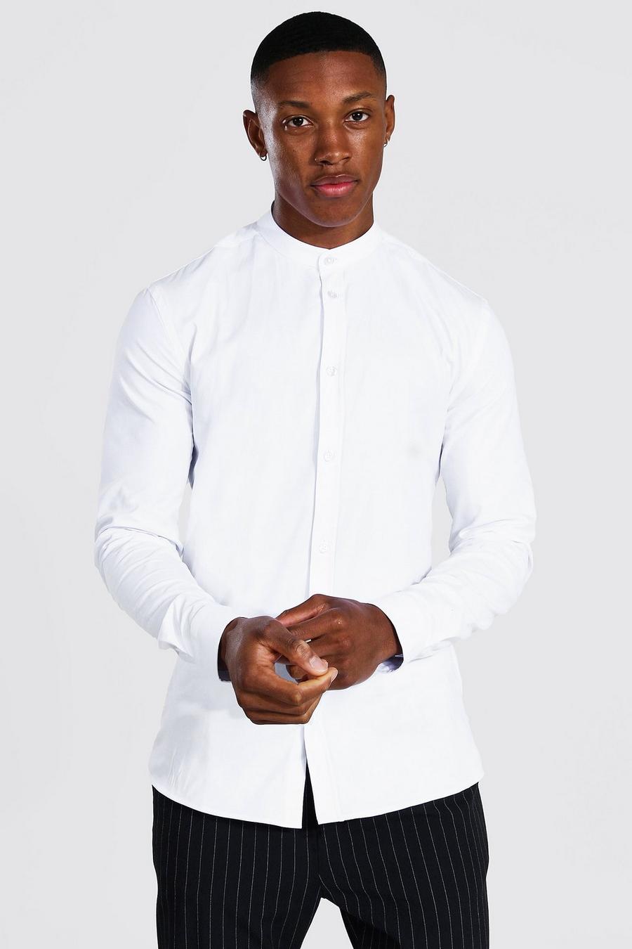 White vit Kortärmad jerseyskjorta i muscle fit med farfarskrage image number 1
