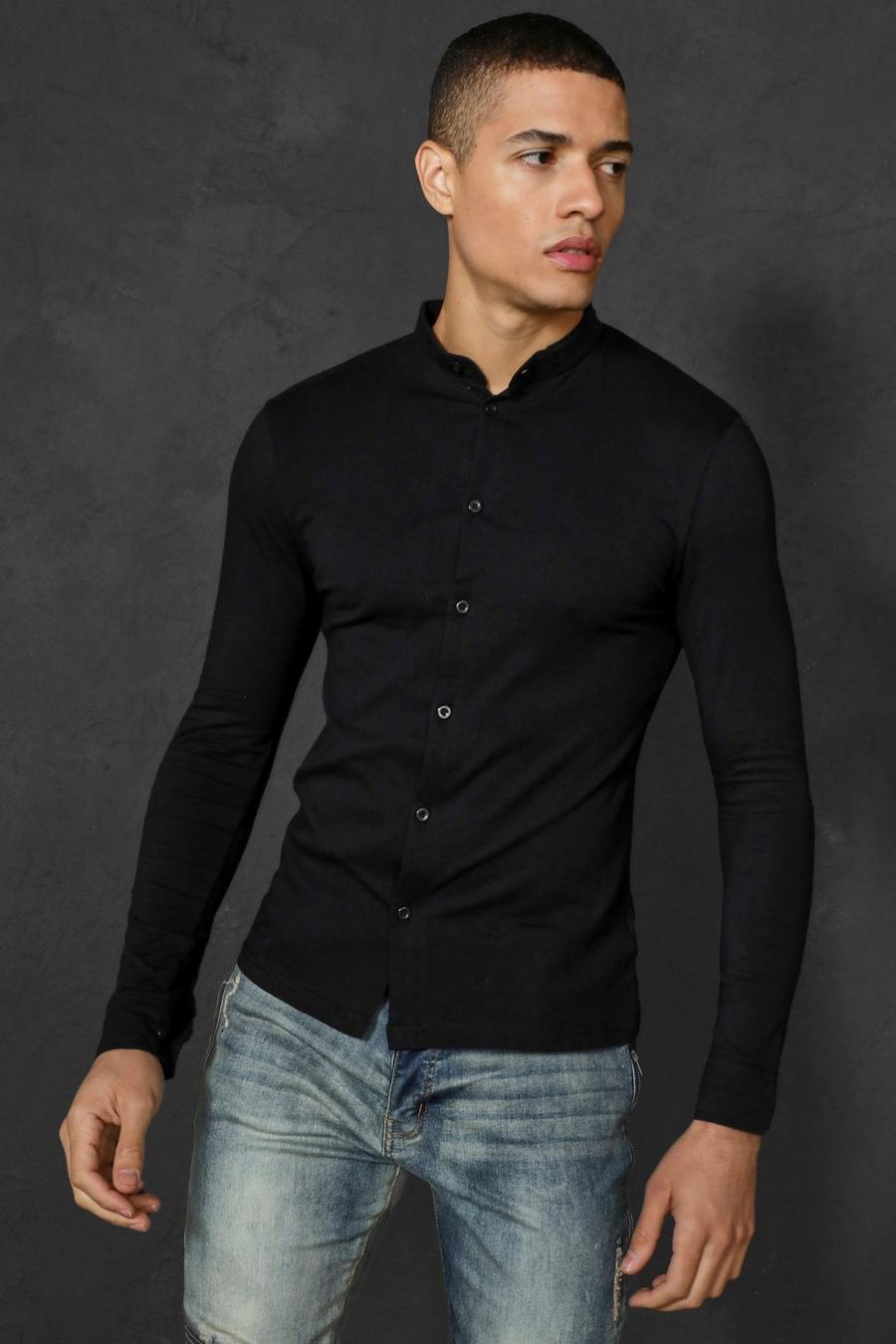 Black svart Kortärmad jerseyskjorta i muscle fit med farfarskrage image number 1