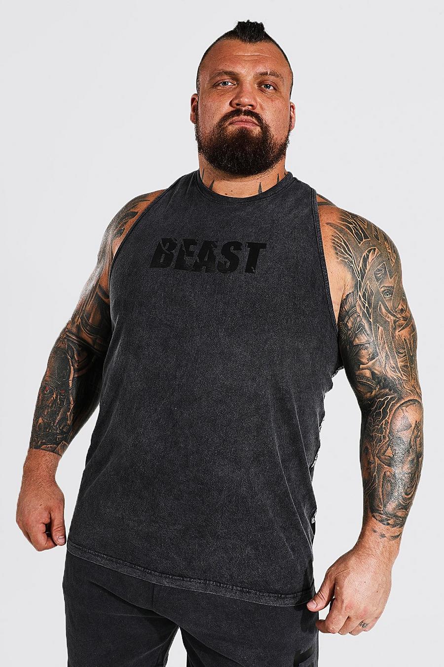 פחם גופיית גברים ספורטיבית עם פתח שרוול רחב וכיתוב Beast image number 1