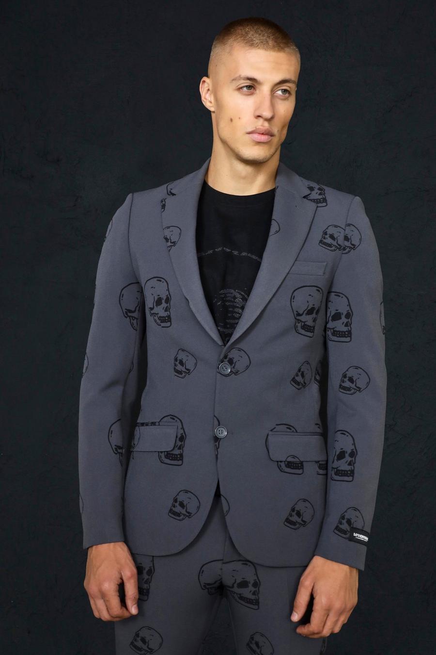 Grey Single Breasted Skull Print Suit Jacket image number 1