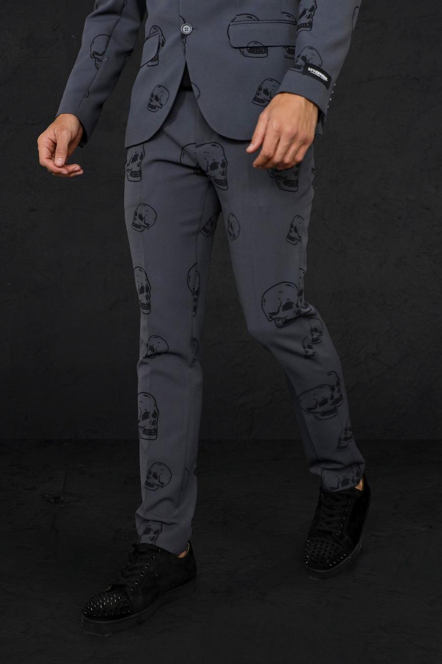 Grey gris Skinny Skull Print Suit Trousers image number 1