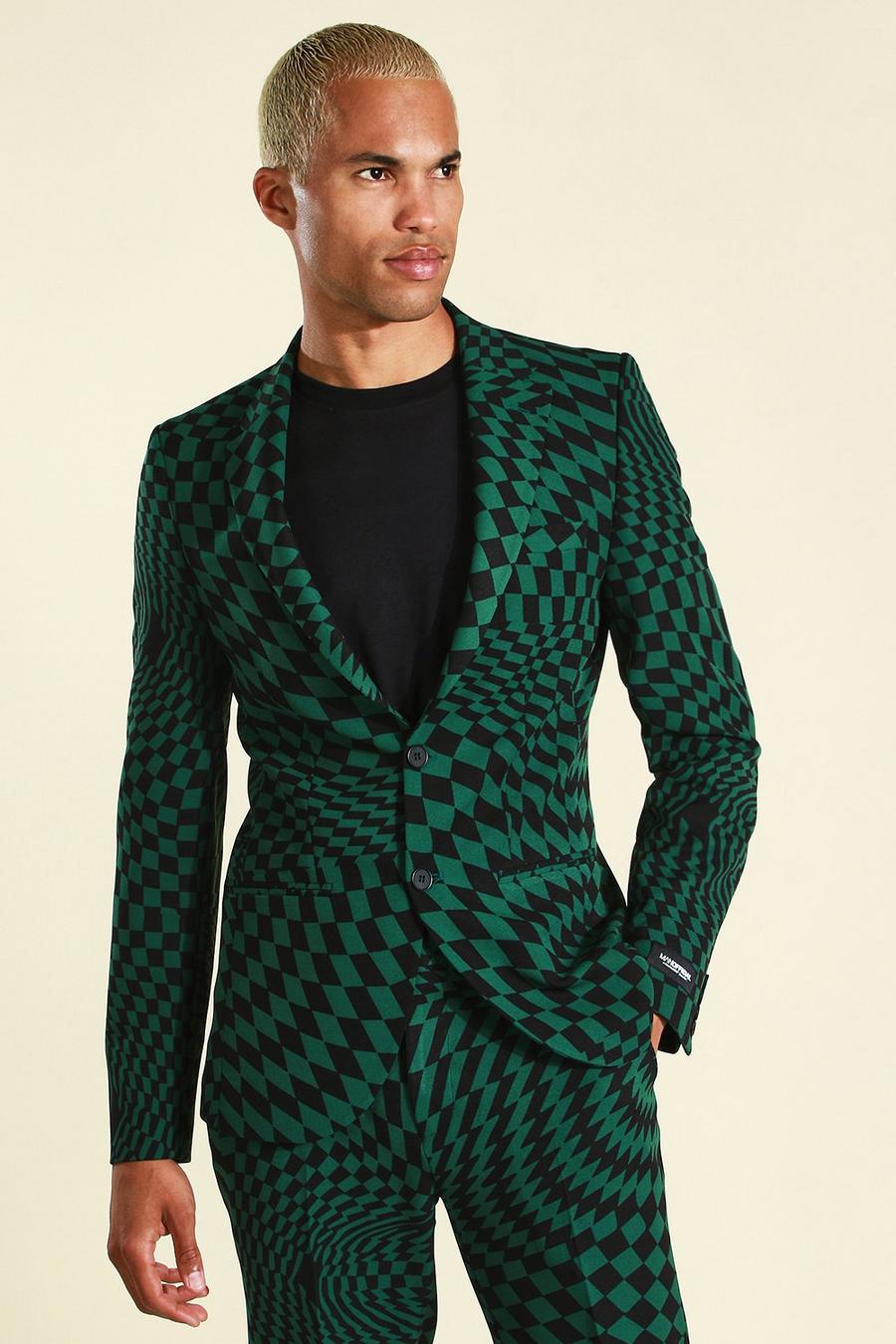 Green grön Single Breasted Checkboard Suit Jacket image number 1