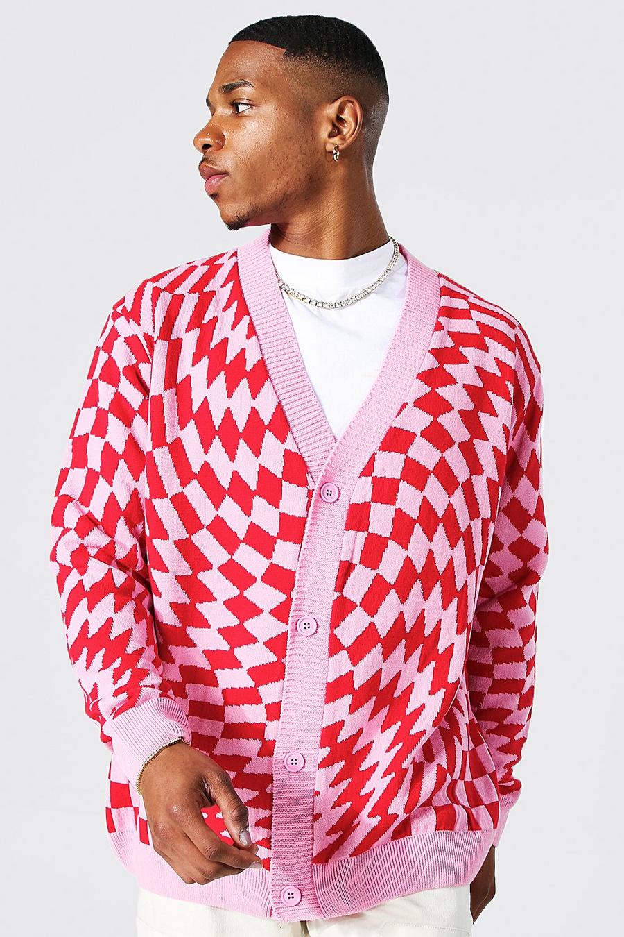 Pink Relaxed Fit Warped Checkerboard Cardigan image number 1