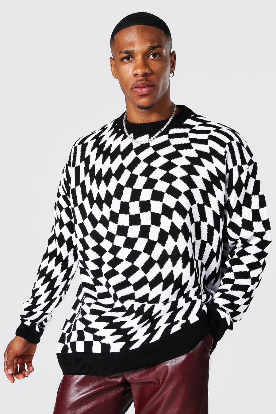 Black Oversized Warped Checkerboard Sweater image number 1