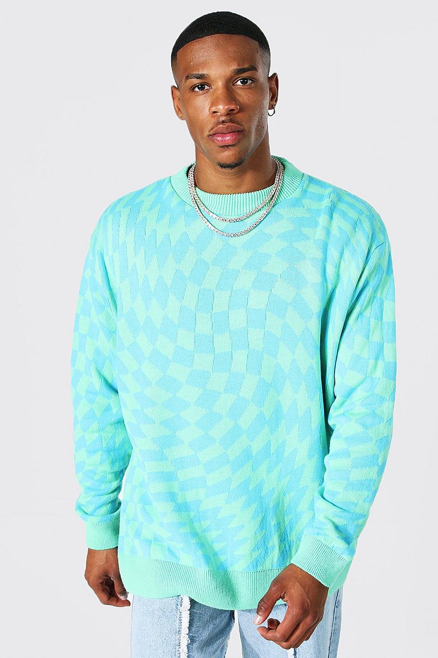 Blue Oversized Warped Checkerboard Sweater image number 1