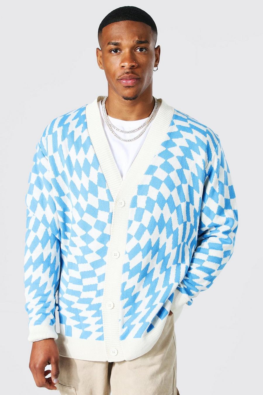 Ecru Relaxed Fit Warped Checkerboard Cardigan image number 1
