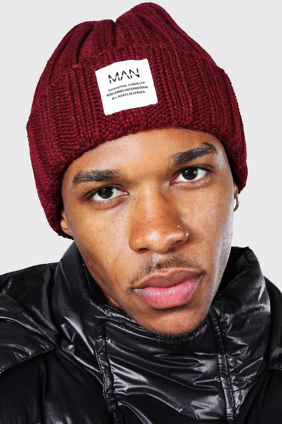 Burgundy Chunky Ribbed Woven Badge Beanie image number 1