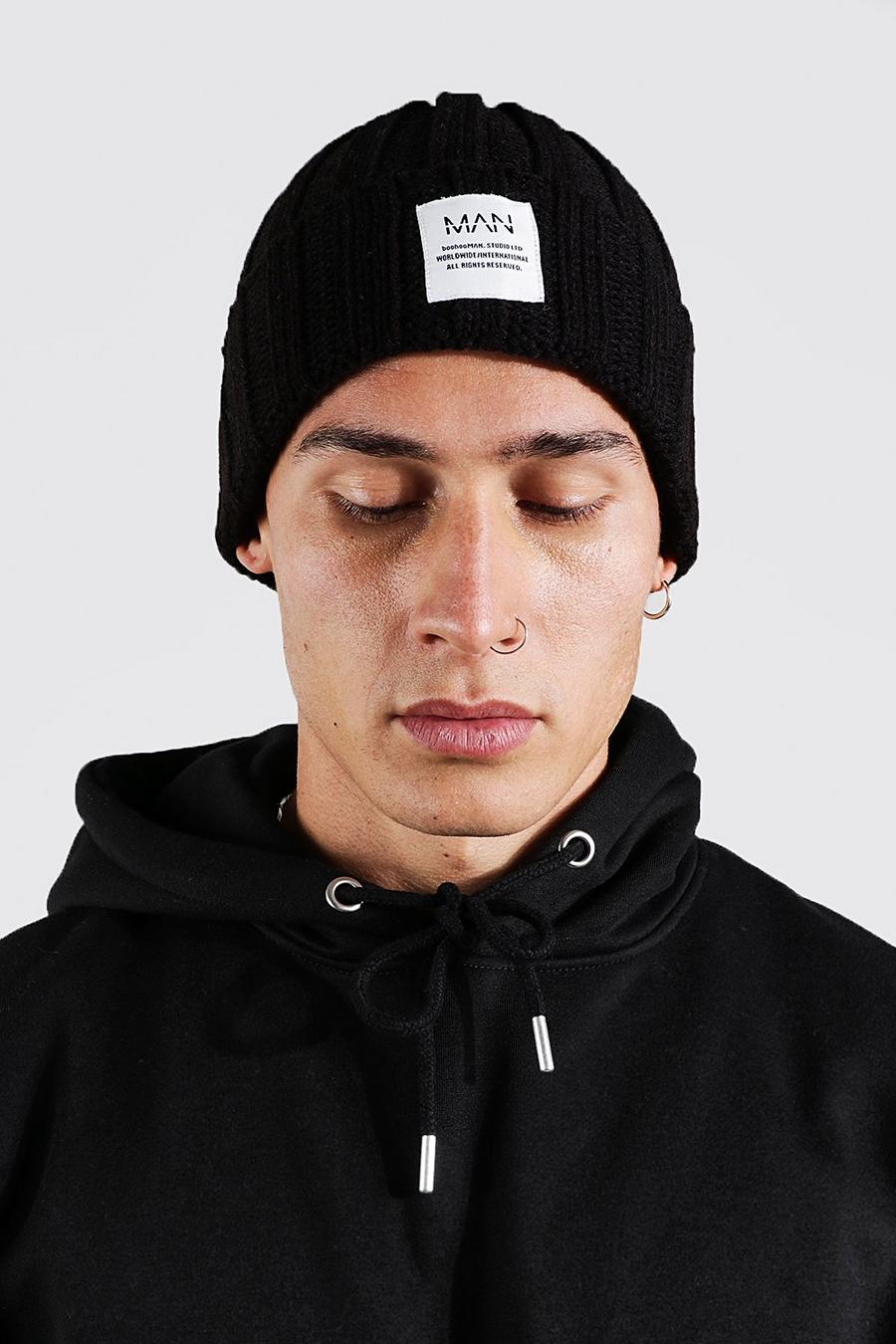 Black Chunky Ribbed Woven Badge Beanie image number 1