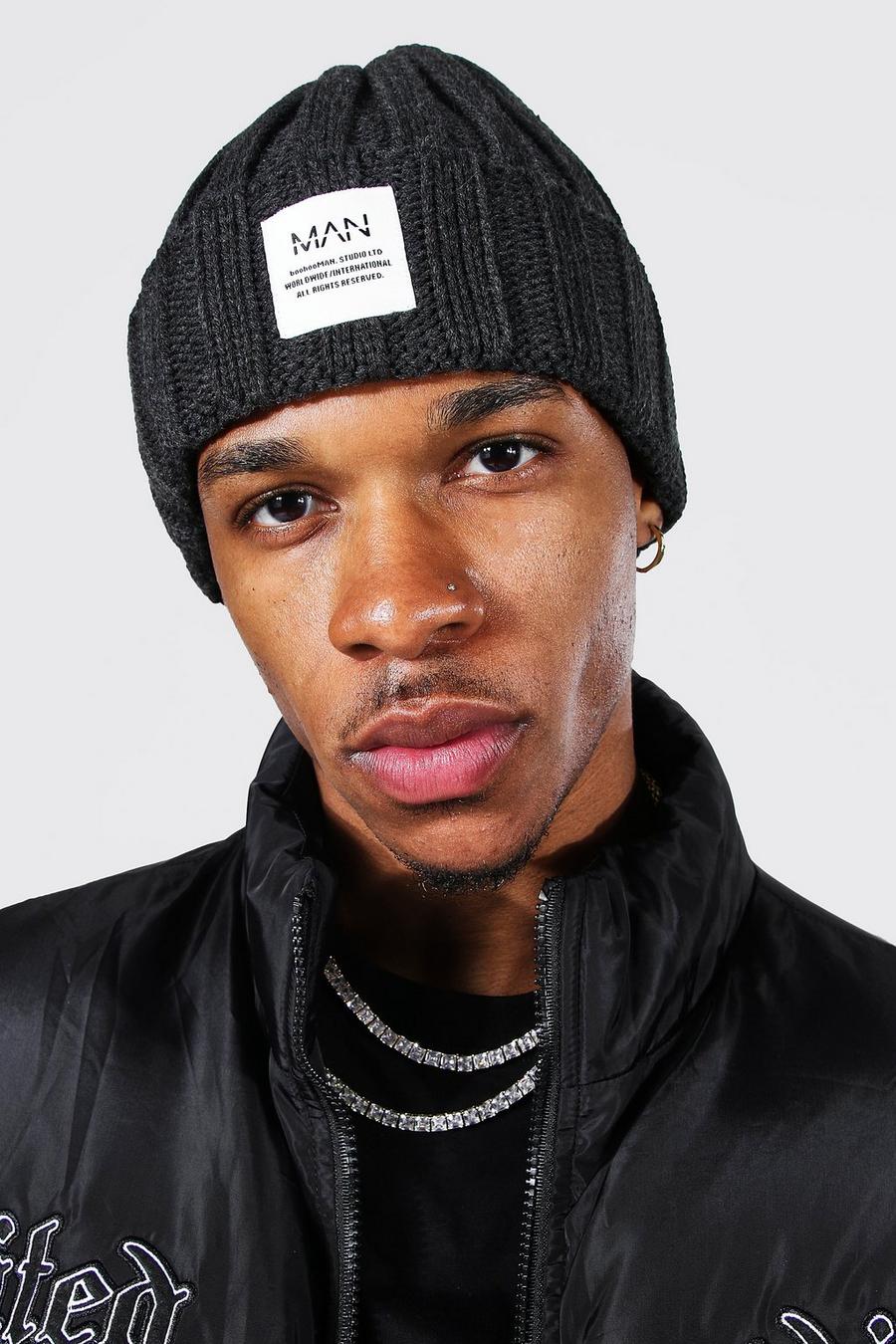 Charcoal Chunky Ribbed Woven Badge Beanie image number 1