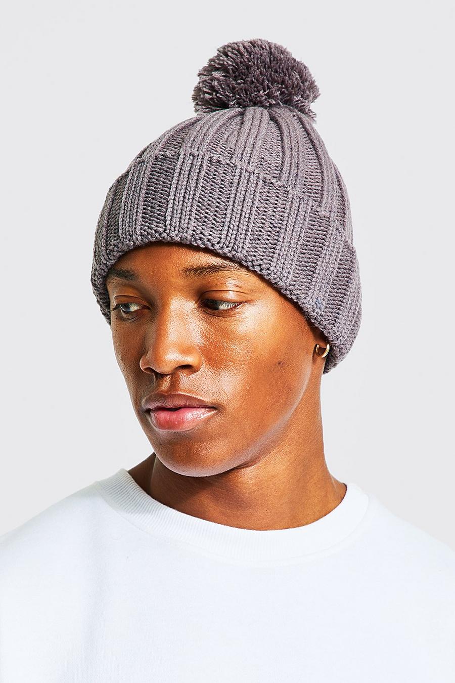 Slate gris Chunky Ribbed Bobble Beanie image number 1