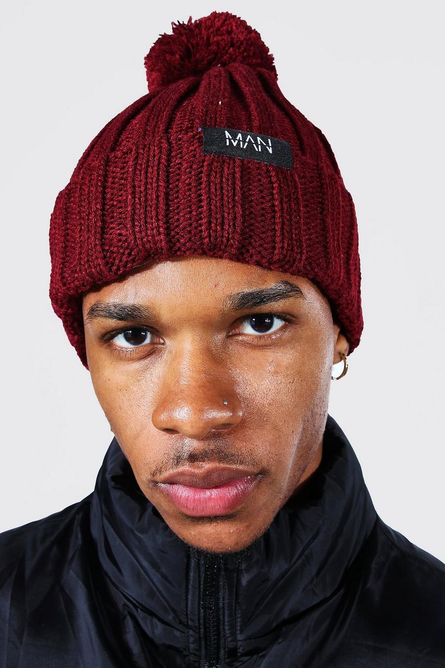 Burgundy red Chunky Man Tab Bobble Beanie image number 1