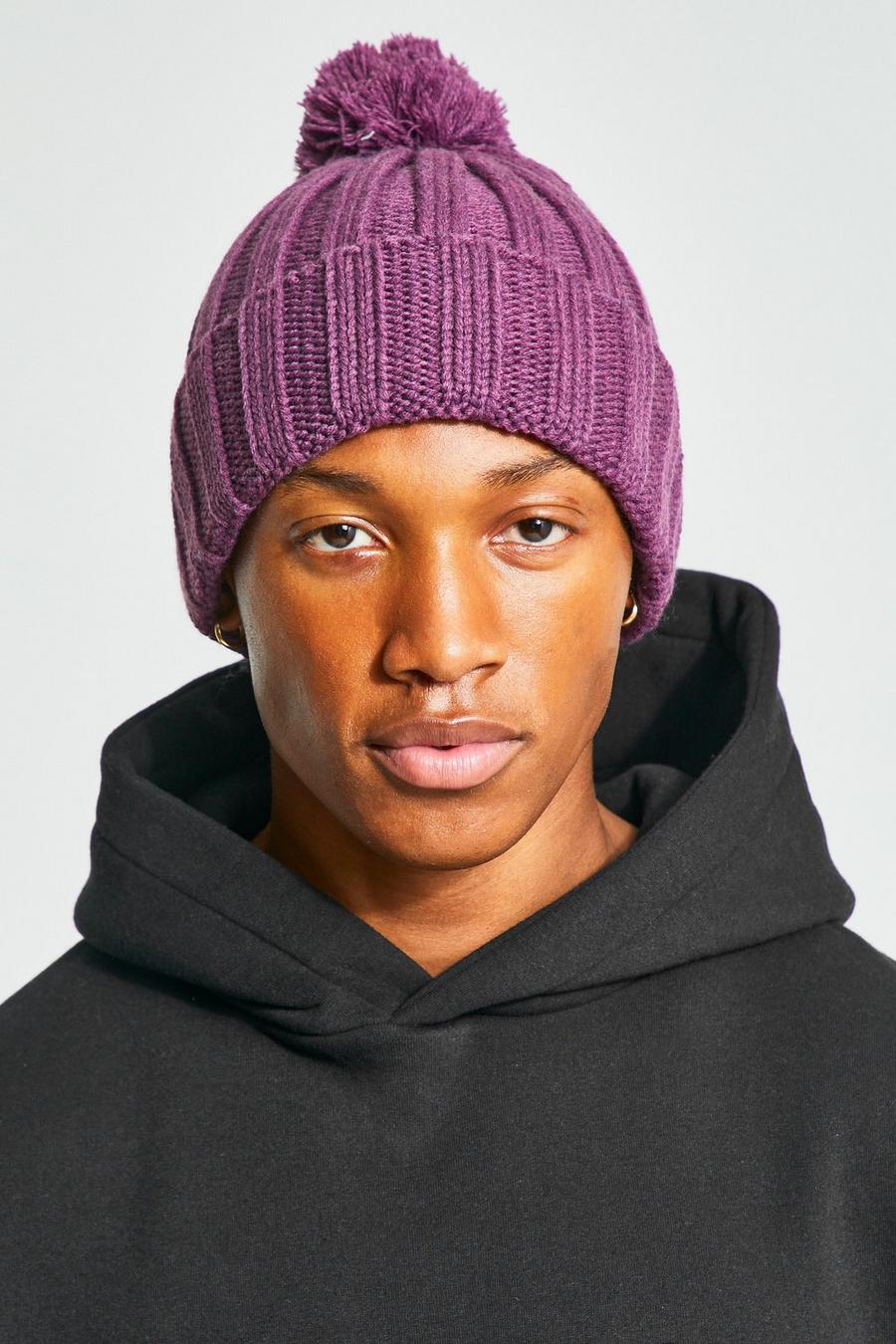Plum violet Chunky Ribbed Bobble Beanie image number 1