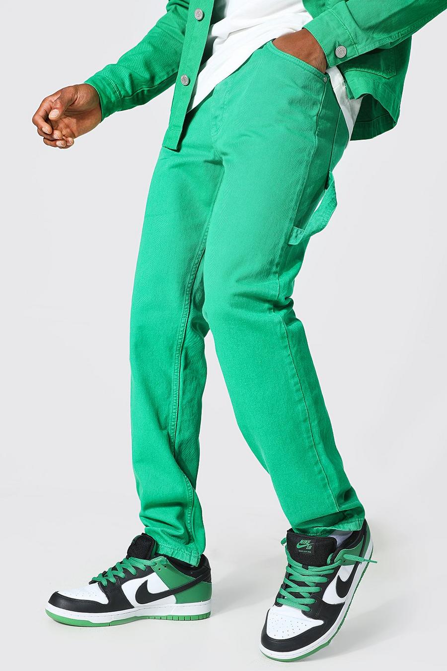 Bright green grön Straight Leg Rigid Panelled Carpenter Jeans image number 1