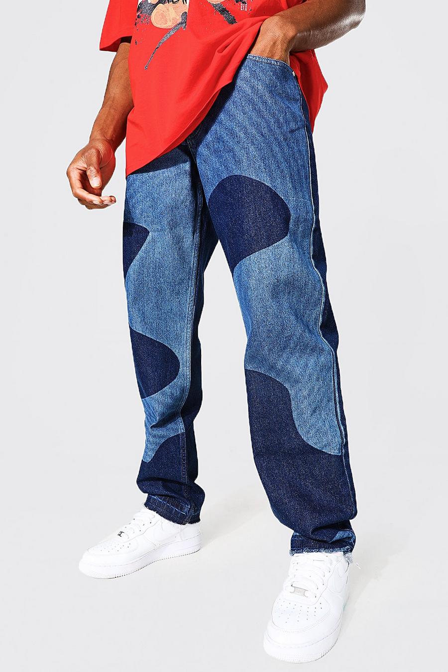 Jeans rilassati in denim rigido con motivi a vortice tono su tono, Mid blue azzurro image number 1