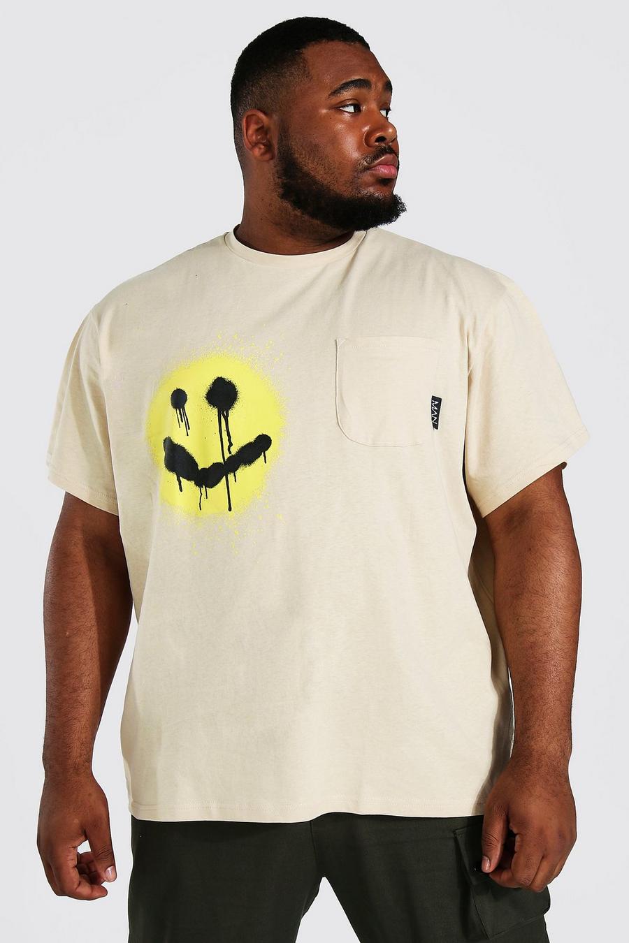 Plus lockeres T-Shirt mit Spray Face Print, Sand beige image number 1