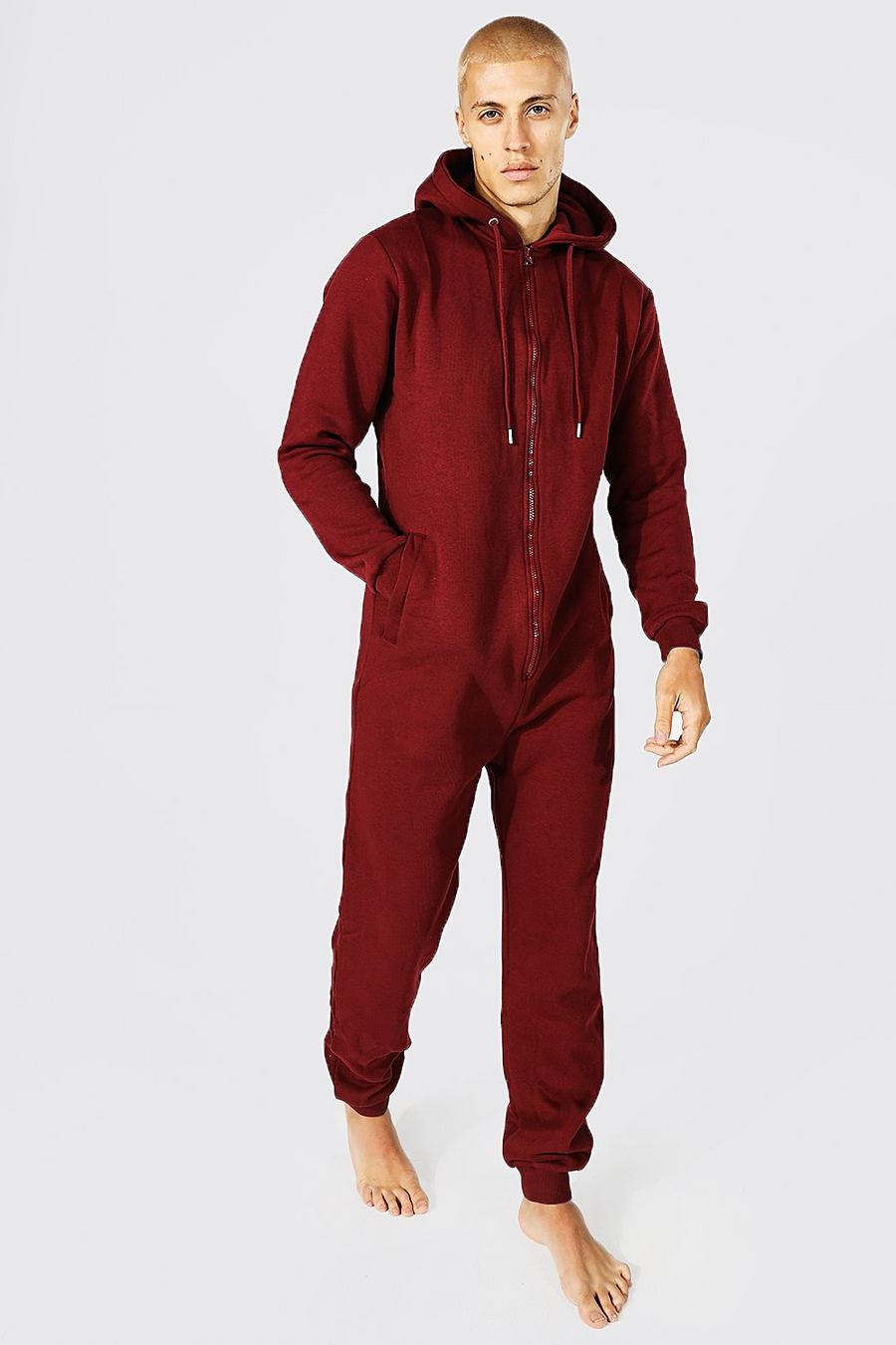 Pijama enterizo de tela jersey con capucha, Burgundy rojo image number 1