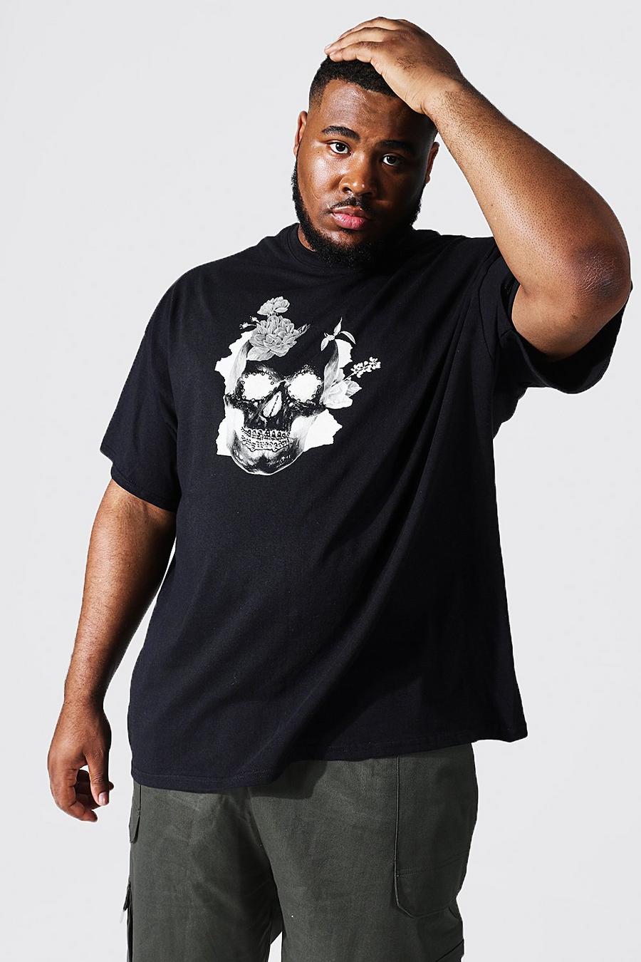 Black Plus - T-shirt med blommor, dödskalle och strass image number 1