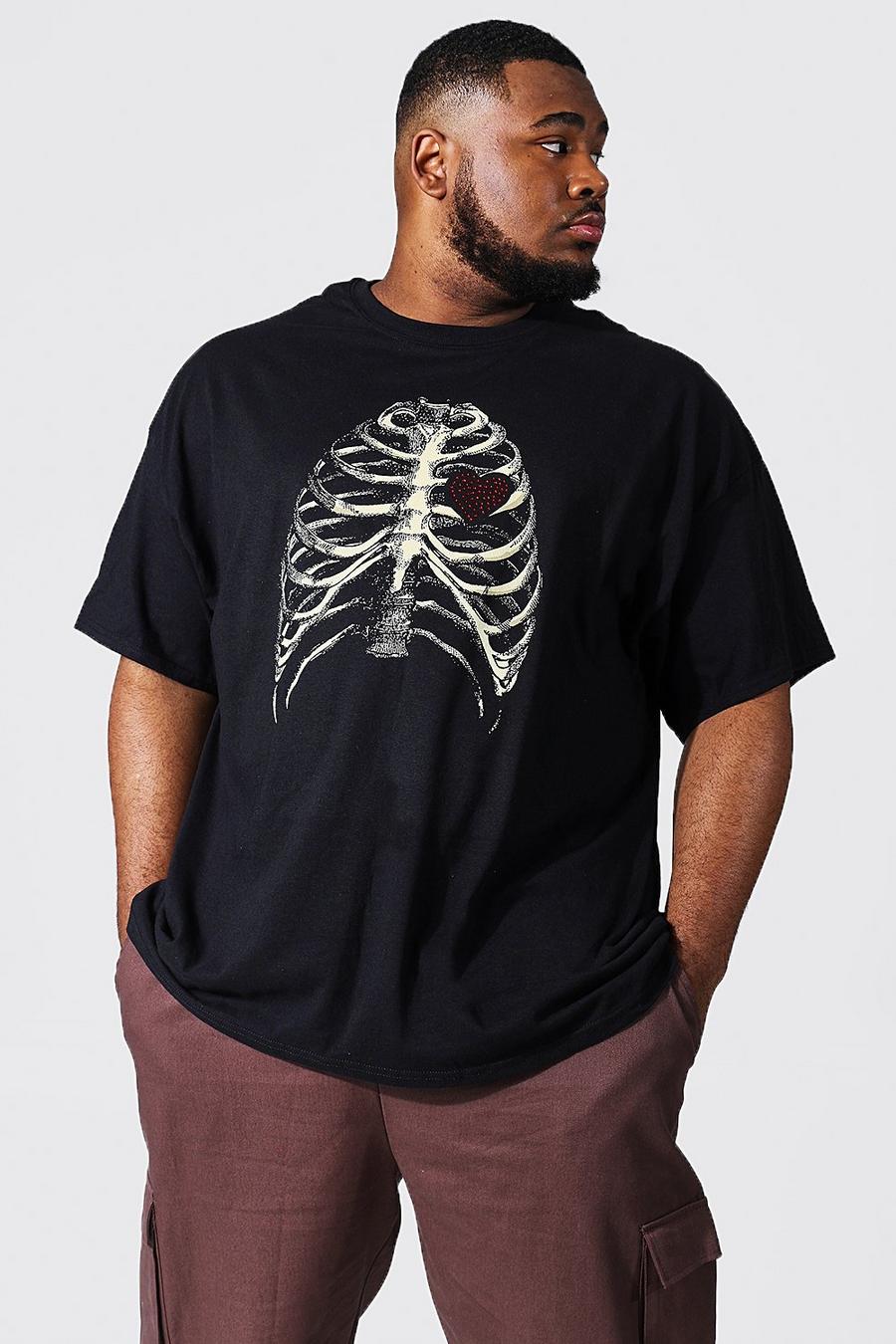 Geripptes T-Shirt mit Skelett-Print und Strass, Plus Size, Schwarz noir image number 1
