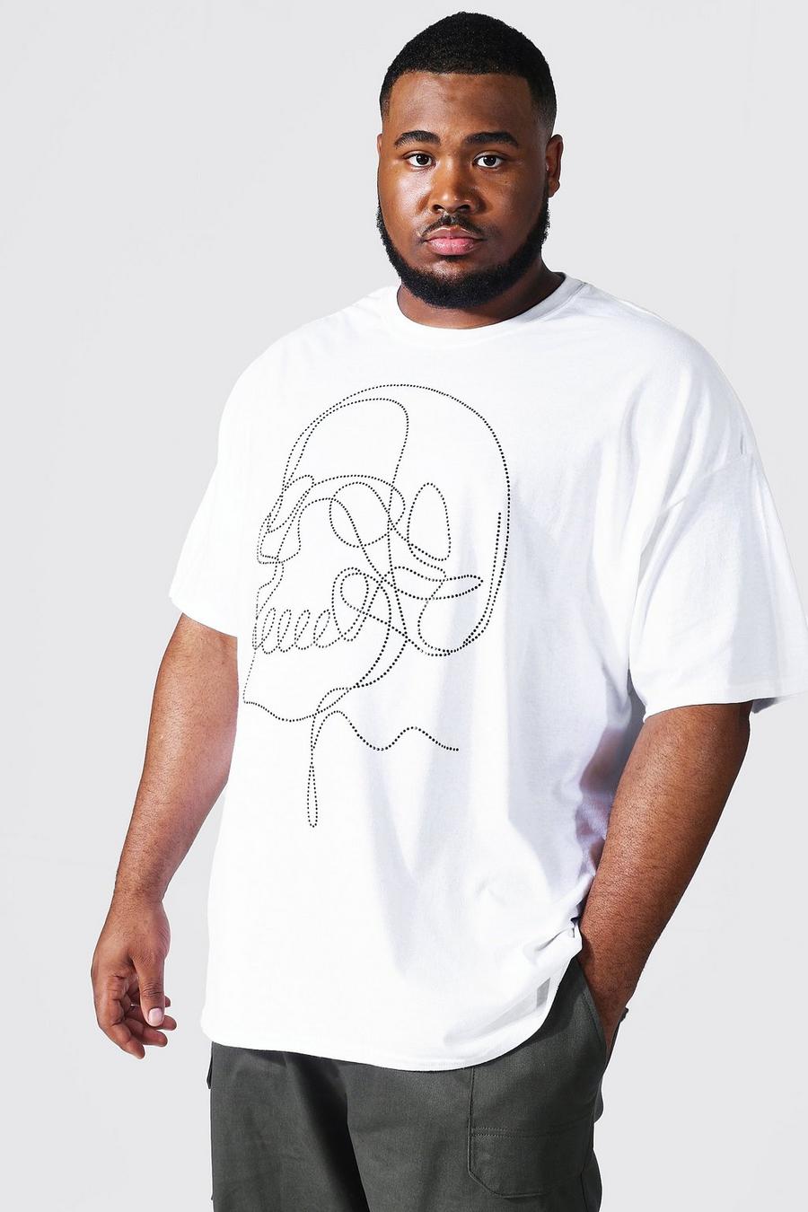 T-Shirt mit Tunnelzug, Totenkopf-Print und Strass, Plus Size, Weiß white image number 1
