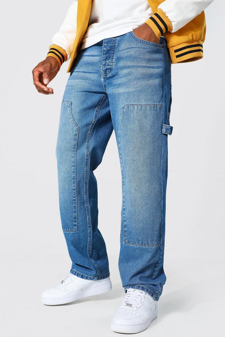 כחול ביניים ג'ינס פועלים מבד קשיח בגזרה משוחררת image number 1