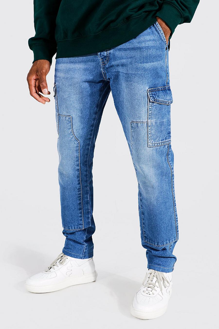 כחול ביניים ג'ינס פועלים דגמ"ח בגזרה צרה עם כיסים מרובים image number 1