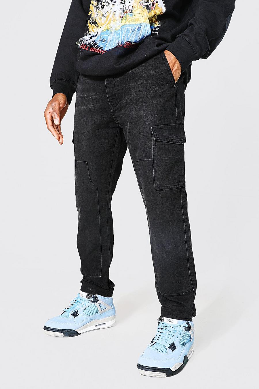 Washed black Slim Fit Multi Pocket Worker Cargo Jeans image number 1