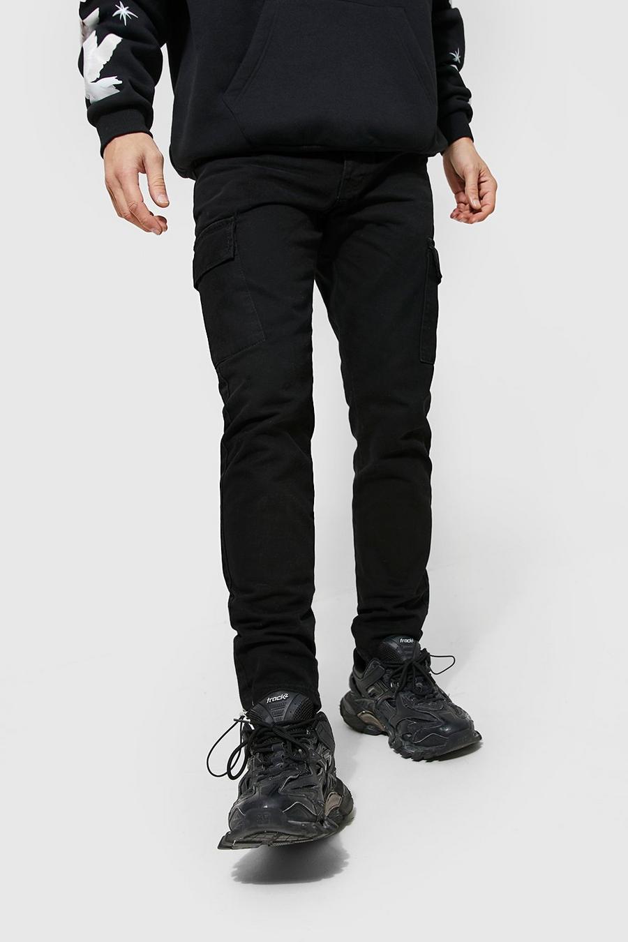 Washed black Slim Fit Rigid Cargo Jeans With Belt image number 1