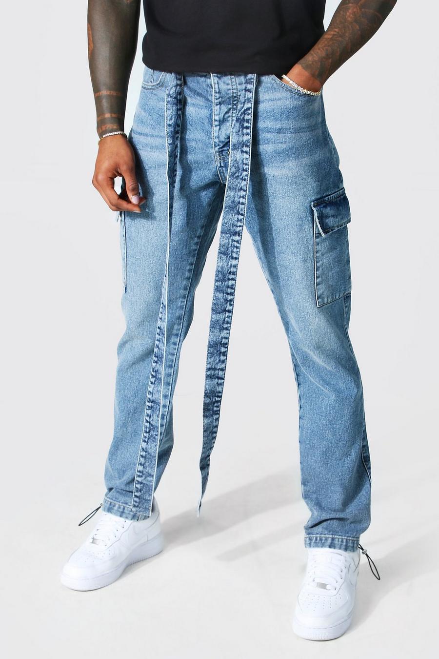 Jeans Cargo Slim Fit in denim rigido con cintura, Antique blue image number 1