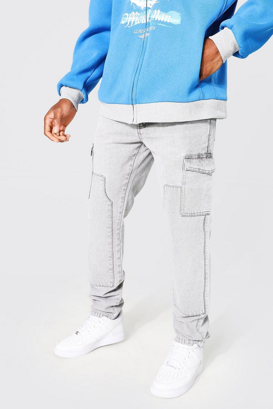 אפור קפוא ג'ינס פועלים דגמ"ח בגזרה צרה עם כיסים מרובים image number 1