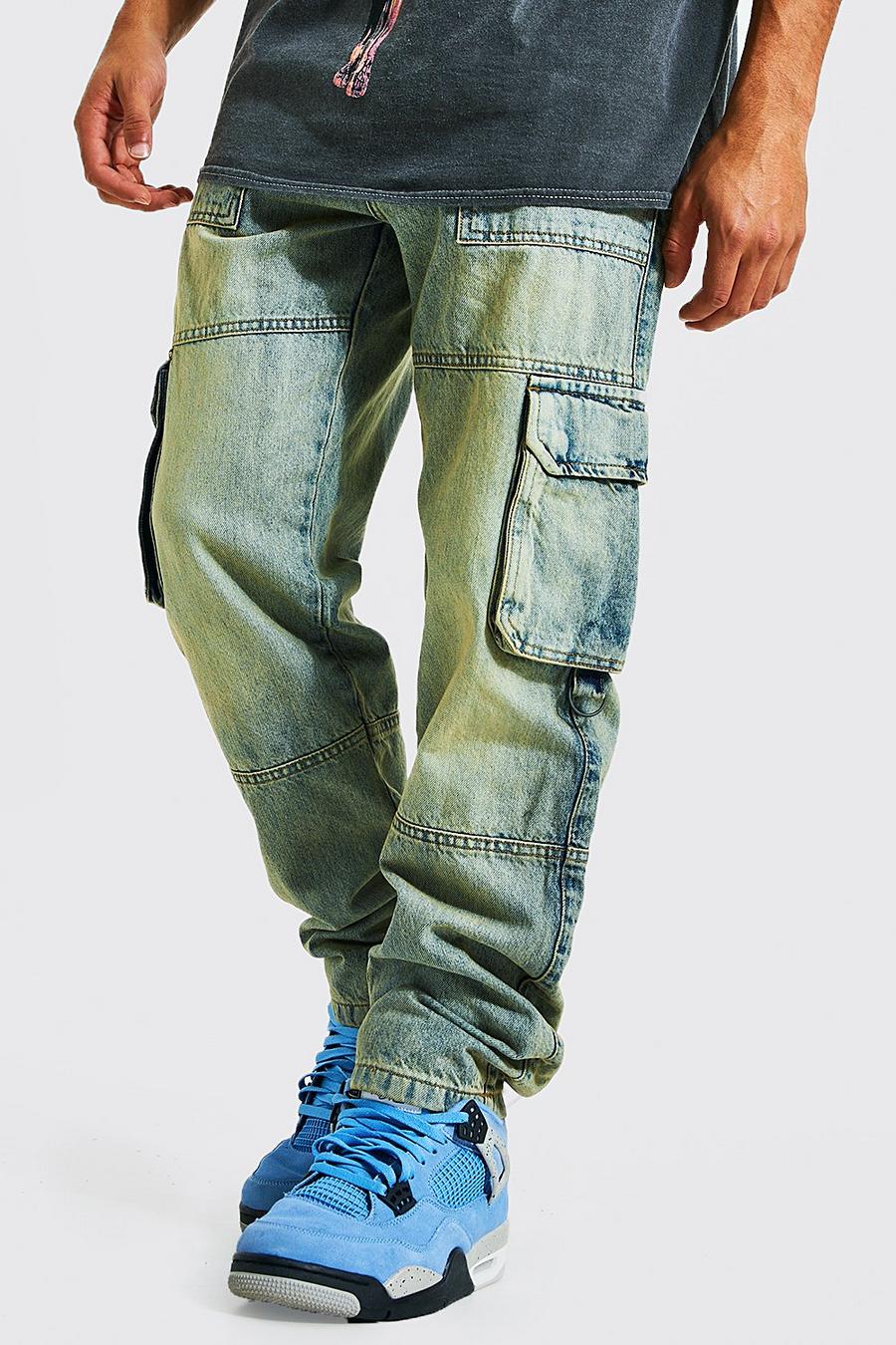 כחול עתיק ג'ינס קרגו מבד קשיח בגזרה משוחררת עם פאנל image number 1