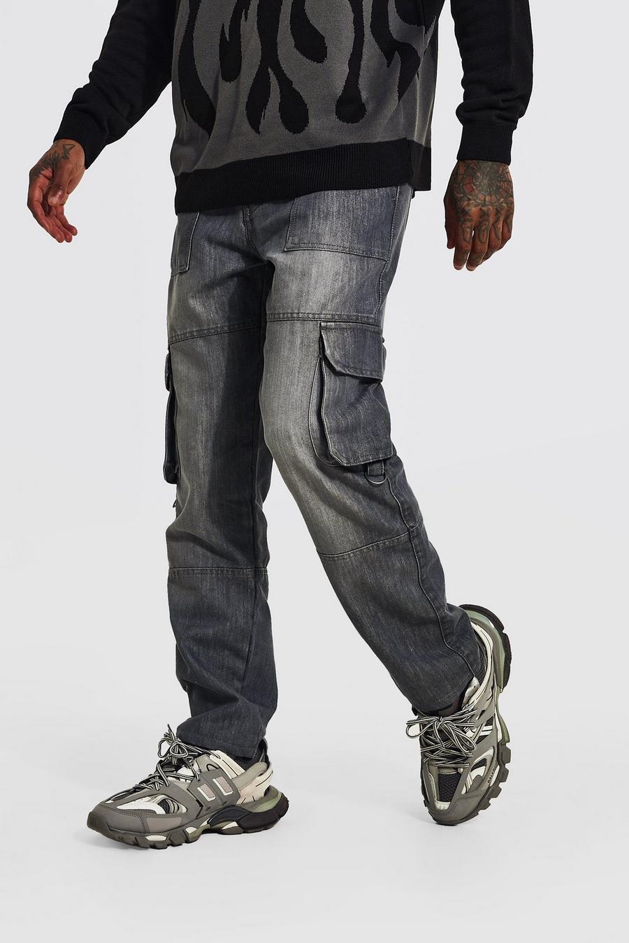 אפור ביניים ג'ינס קרגו מבד קשיח בגזרה משוחררת עם פאנל image number 1