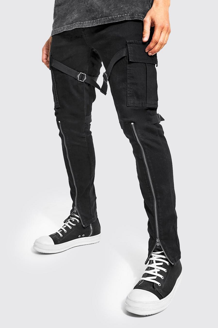 True black Skinny Stretch Zip Strap Cargo Jeans image number 1