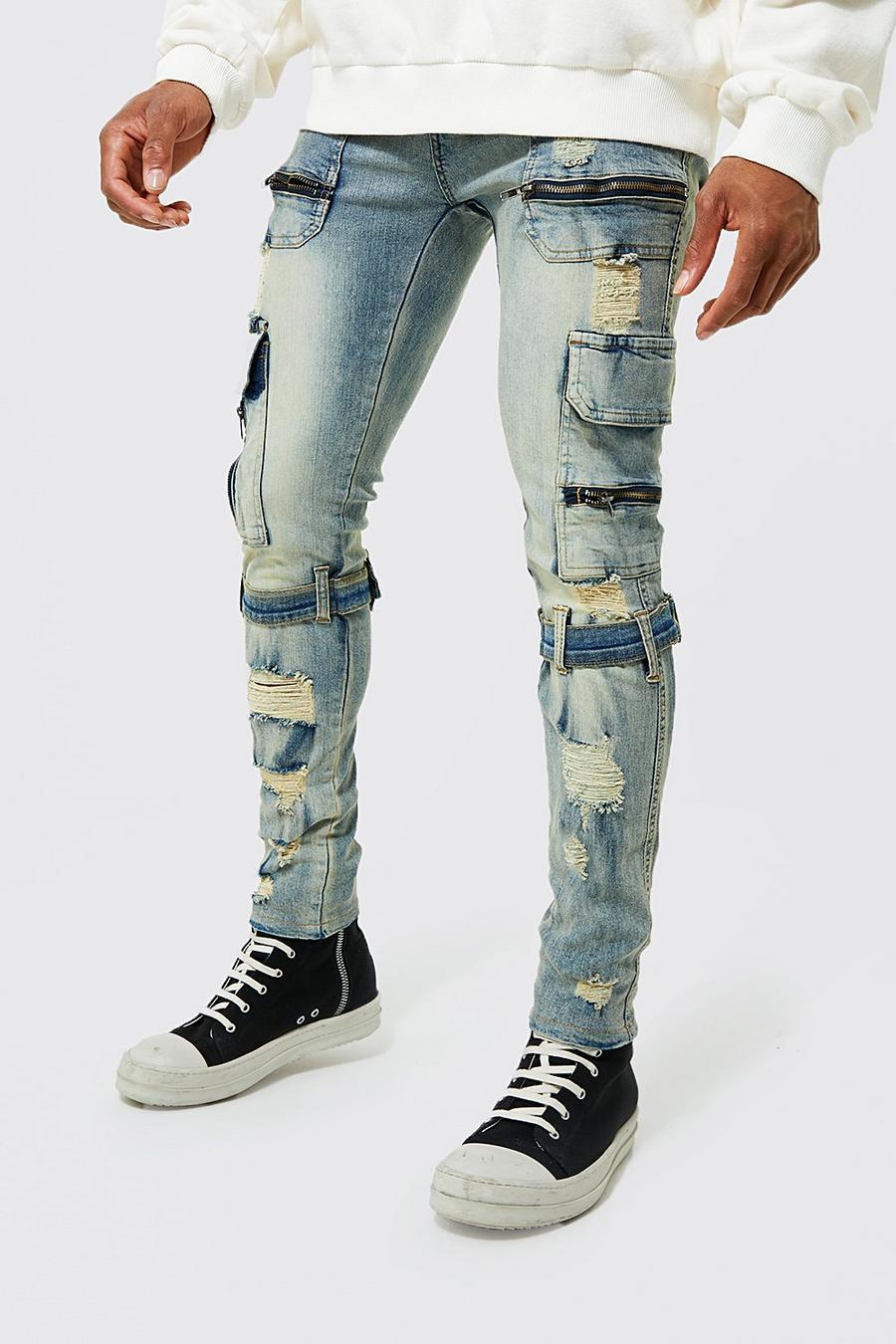 כחול עתיק סקיני ג'ינס דגמ"ח נמתח עם רוכסן ורצועות מרובות image number 1