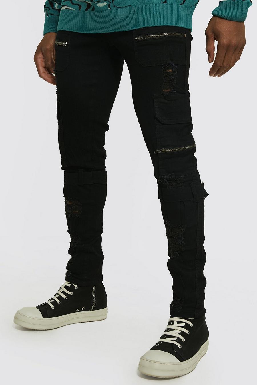 True black Skinny Stretch Zip Multi Strap Cargo Jeans image number 1