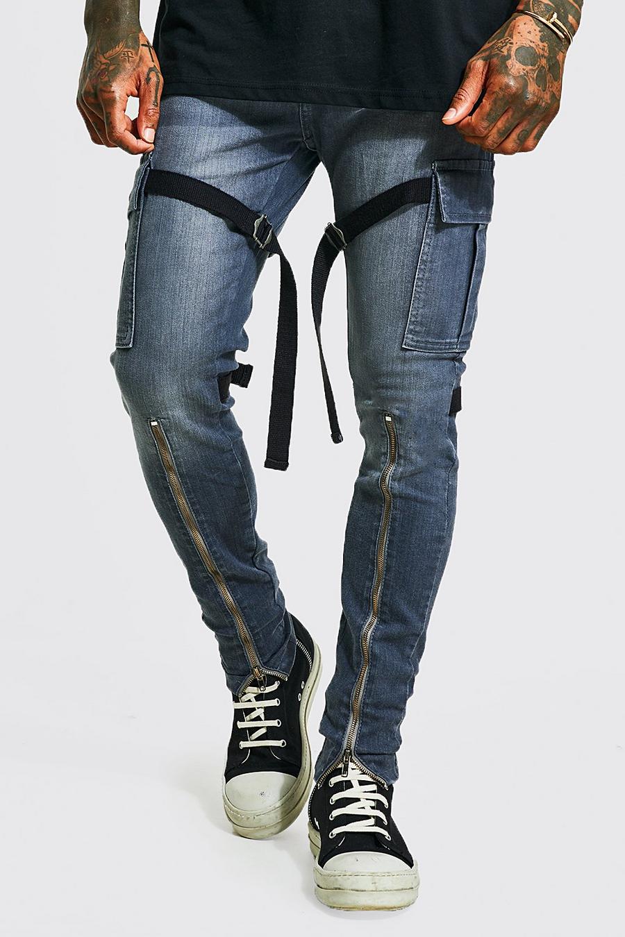 Dark grey Skinny Stretch Zip Strap Cargo Jeans image number 1