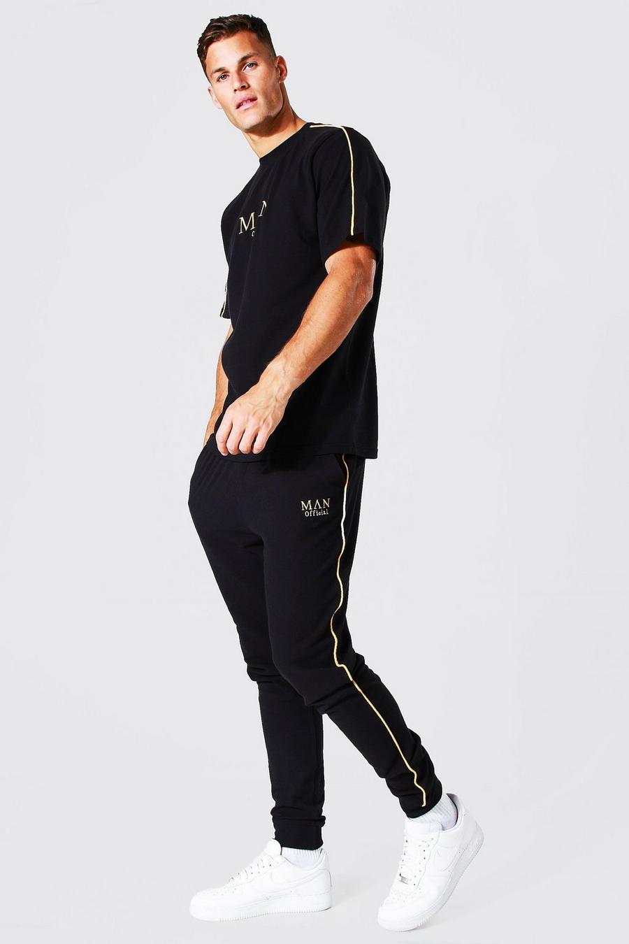 Black svart Tall Man Gold Piping T-shirt And Jogger Set image number 1