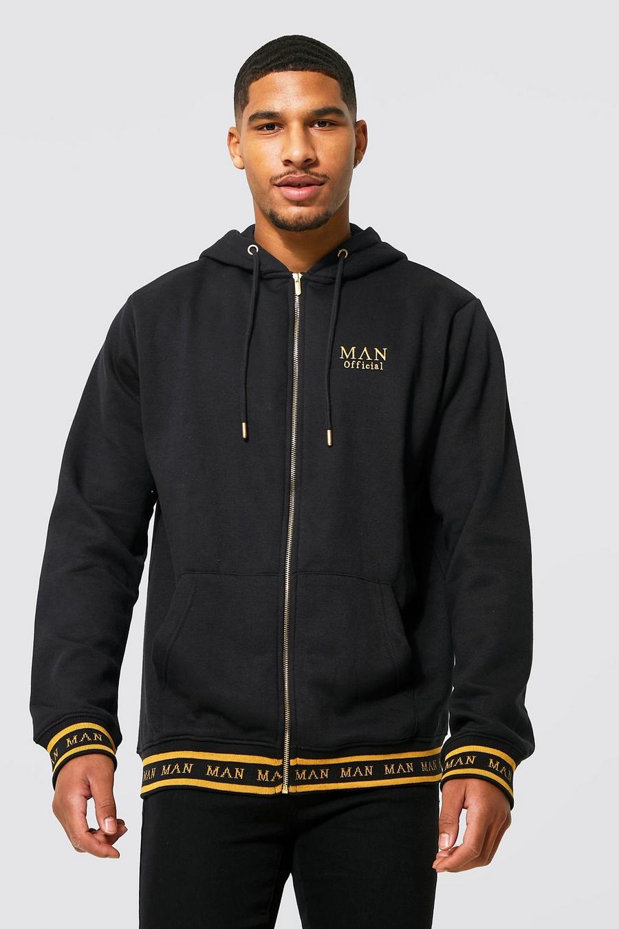 Black Tall Man Gold Zip Hoodie With Intarsia Hem image number 1