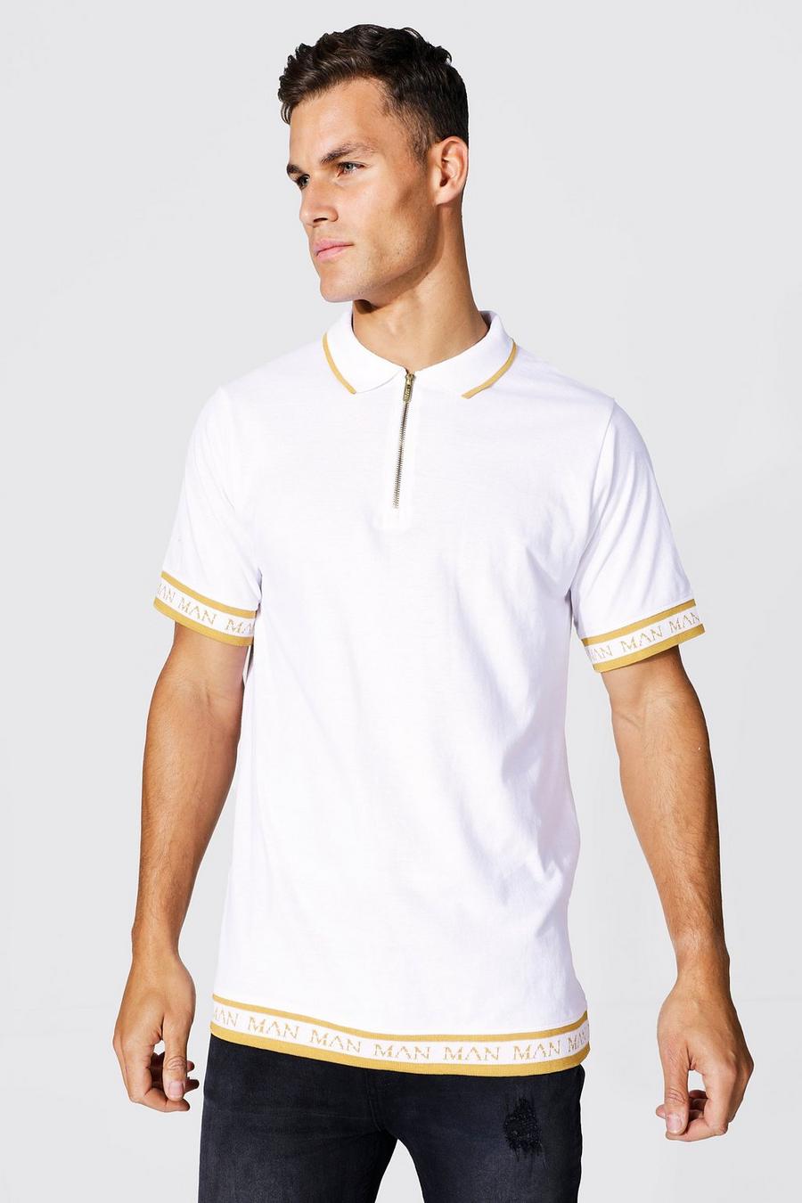 Tall Slim-Fit Man Gold Pique Poloshirt mit Reißverschluss, White image number 1