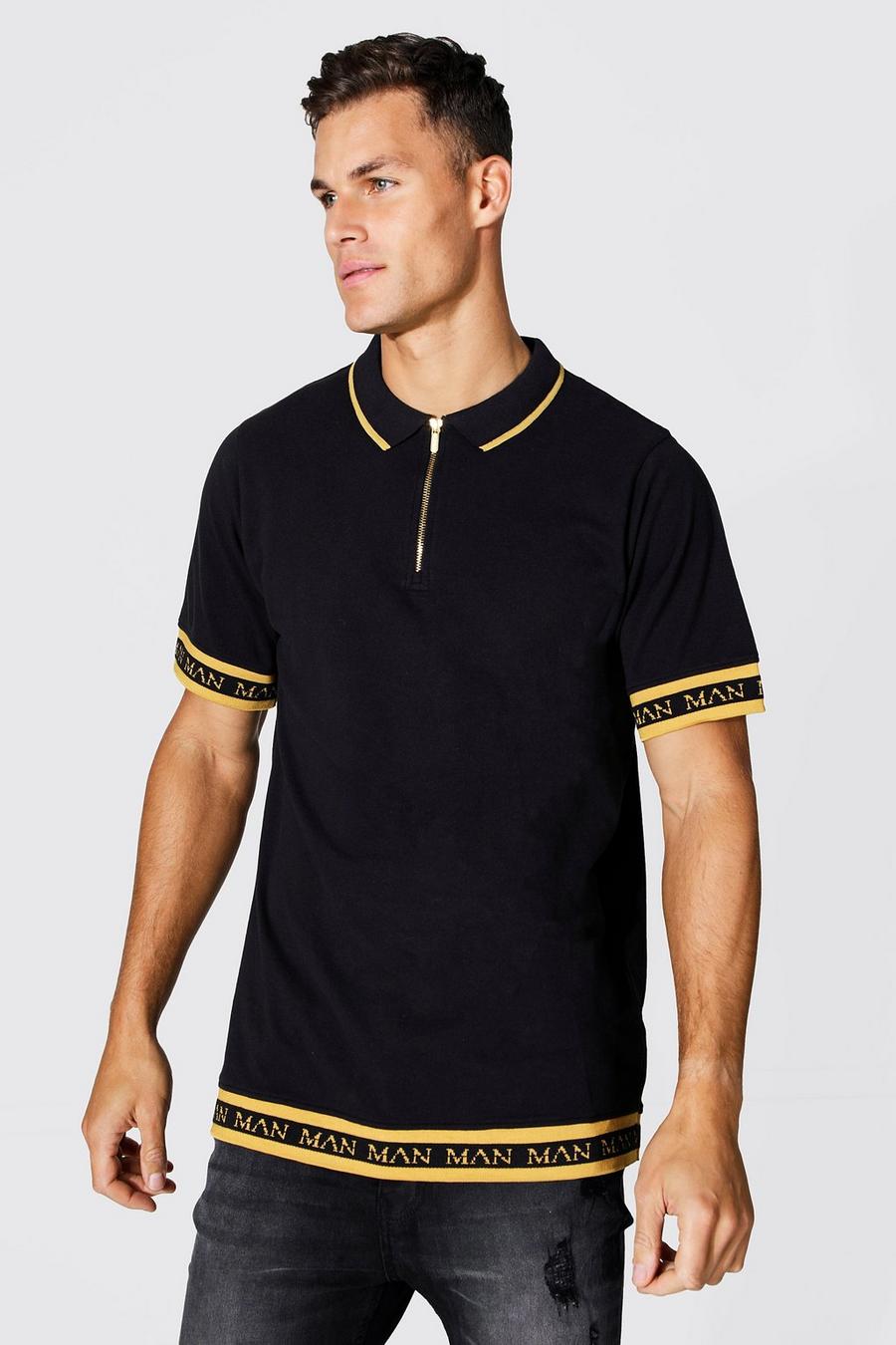 Polo Tall Slim Fit Man Gold con striscia in piqué e zip, Black image number 1