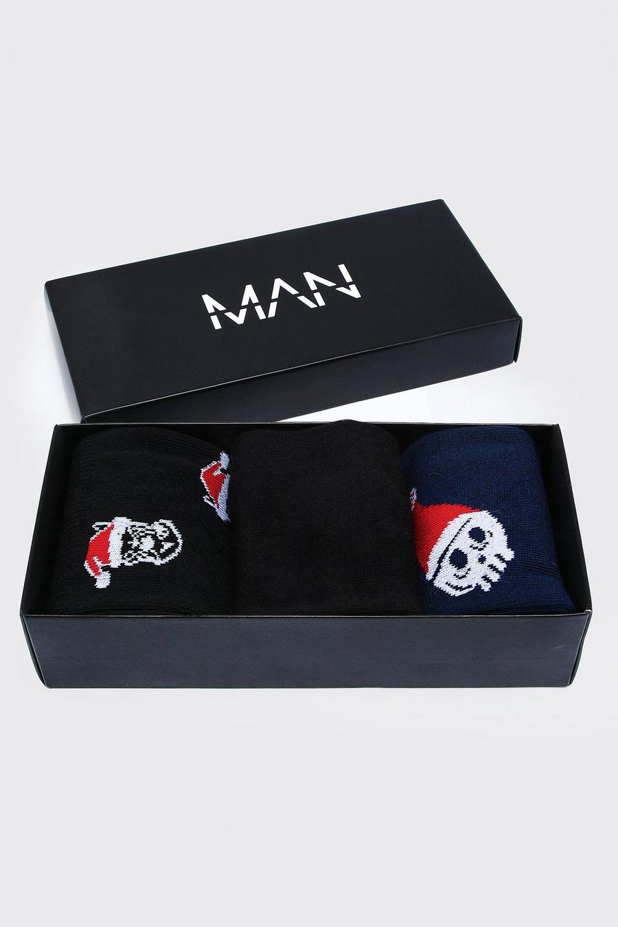 Multi 3 Pack Christmas Skull & Bulldog Gift Box Socks image number 1