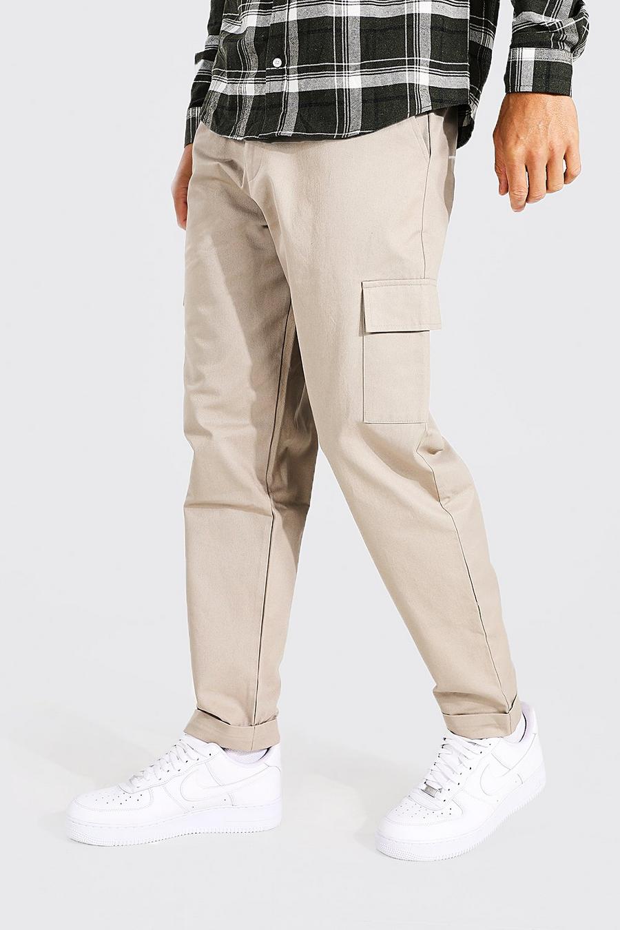 Stone Tall Straight Leg Twill Cargo Trousers image number 1