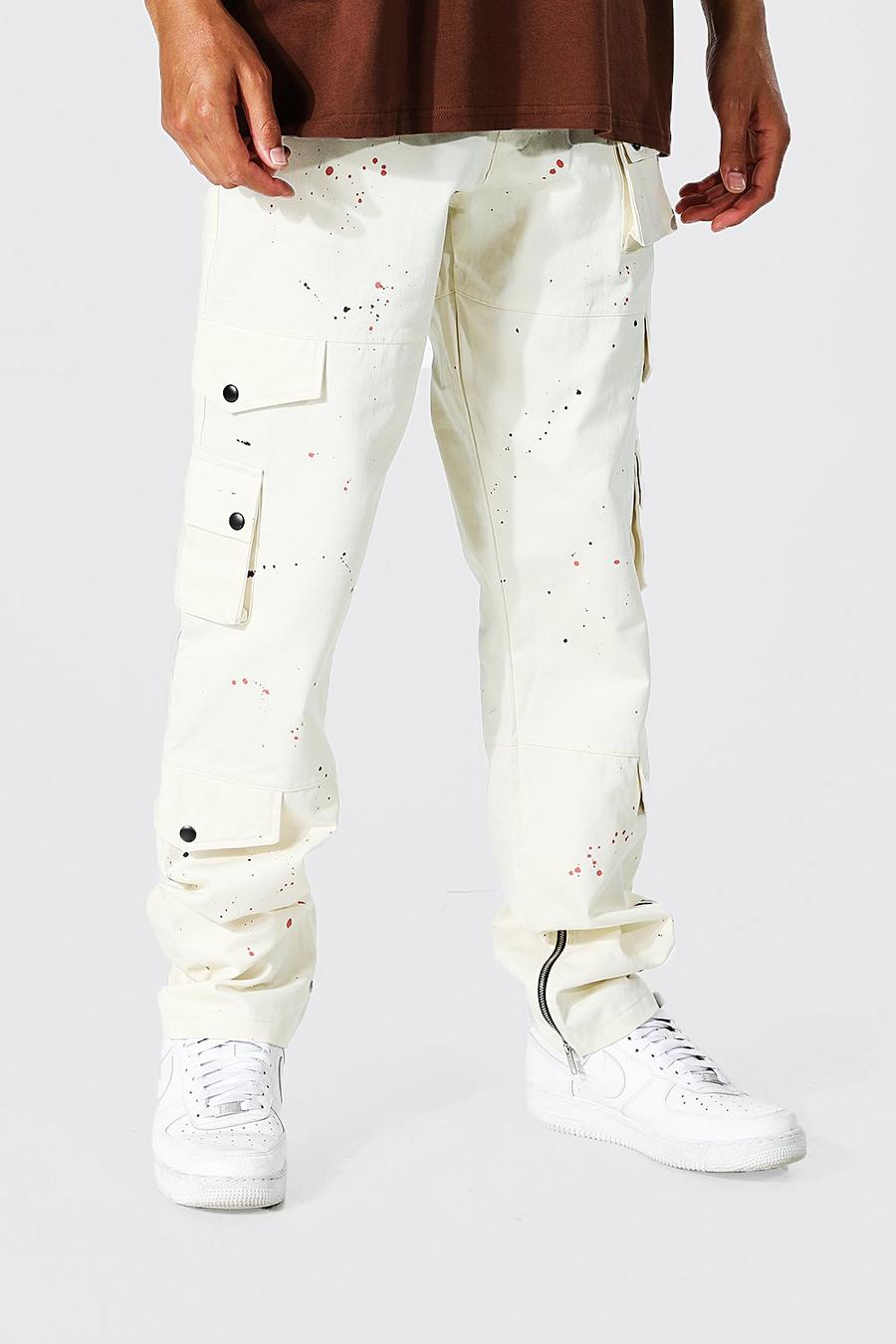 Pantalón Tall cargo holgado con salpicaduras de pintura, Ecru blanco image number 1