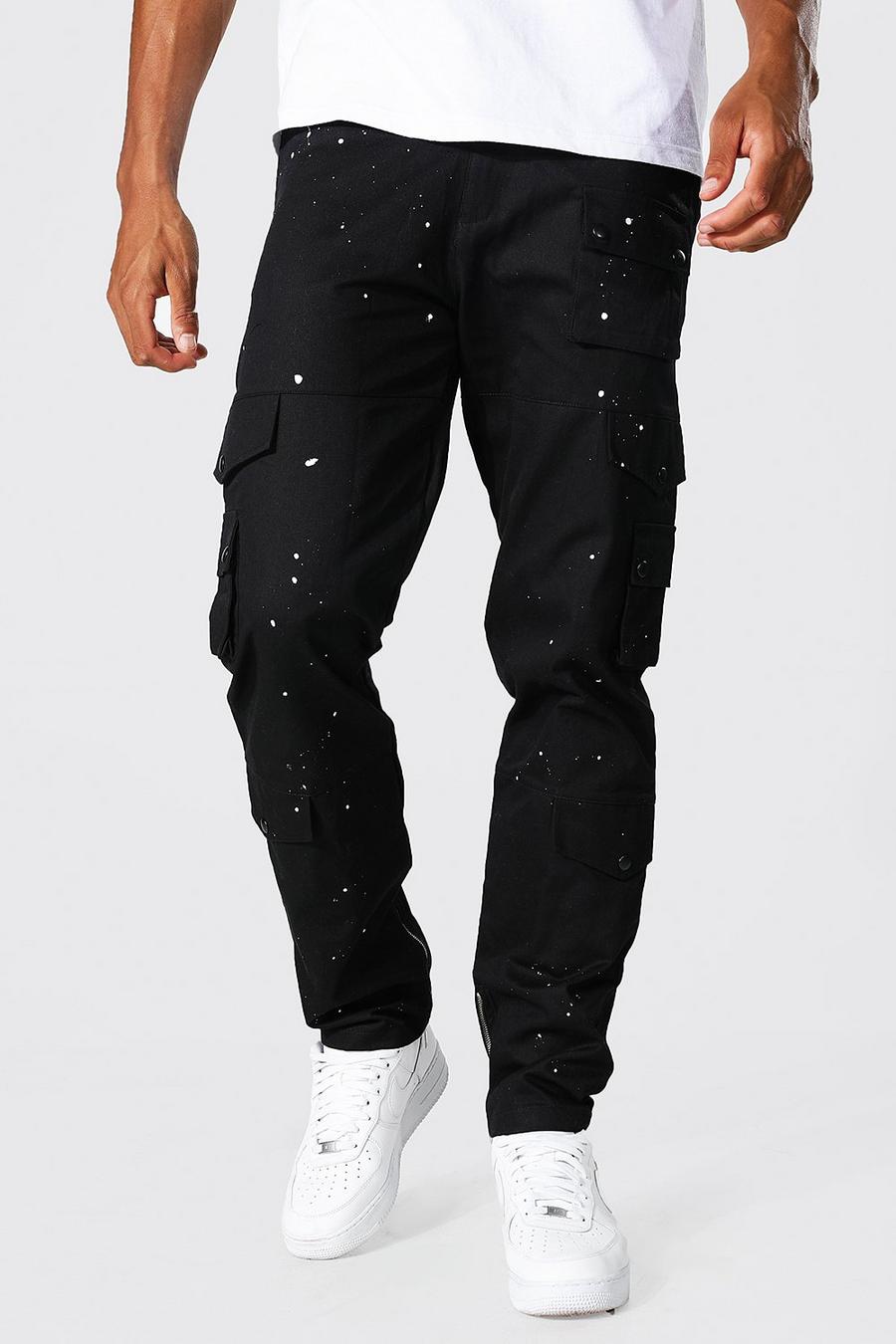 Black Tall Relaxed Fit Paint Splatter Cargo Trouser image number 1