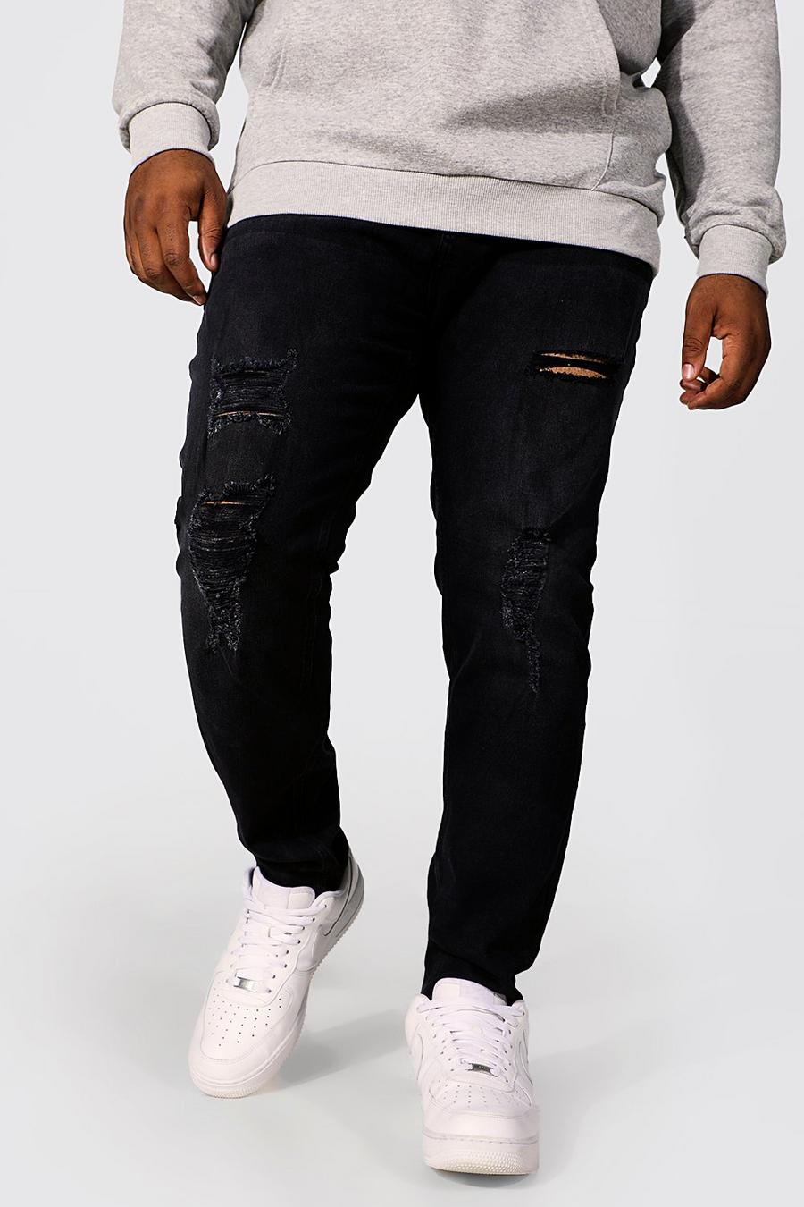 שחור negro סקיני ג'ינס עם קרעים בהדפס חוזר, מידות גדולות image number 1