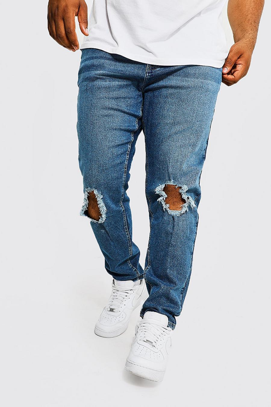 Mid blue bleu Plus Skinny Fit Double Busted Knee Jean