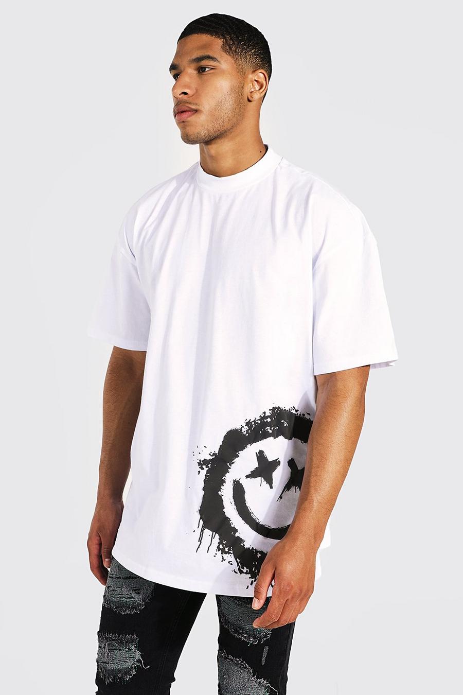 T-shirt Tall oversize con girocollo esteso e Smiley effetto stencil, White blanco image number 1